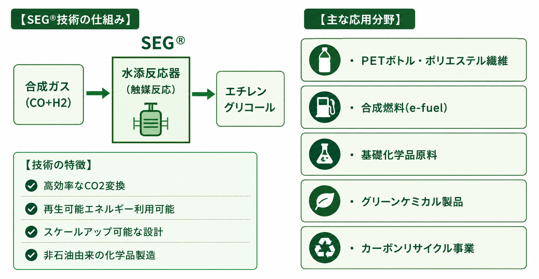 ハイケムのSEG技術と応用分野：PETボトル・ポリエステル繊維、合成繊維（e-fuel)、基礎化学品原料、グリーンケミカル製造、カーボンリサイクル事業